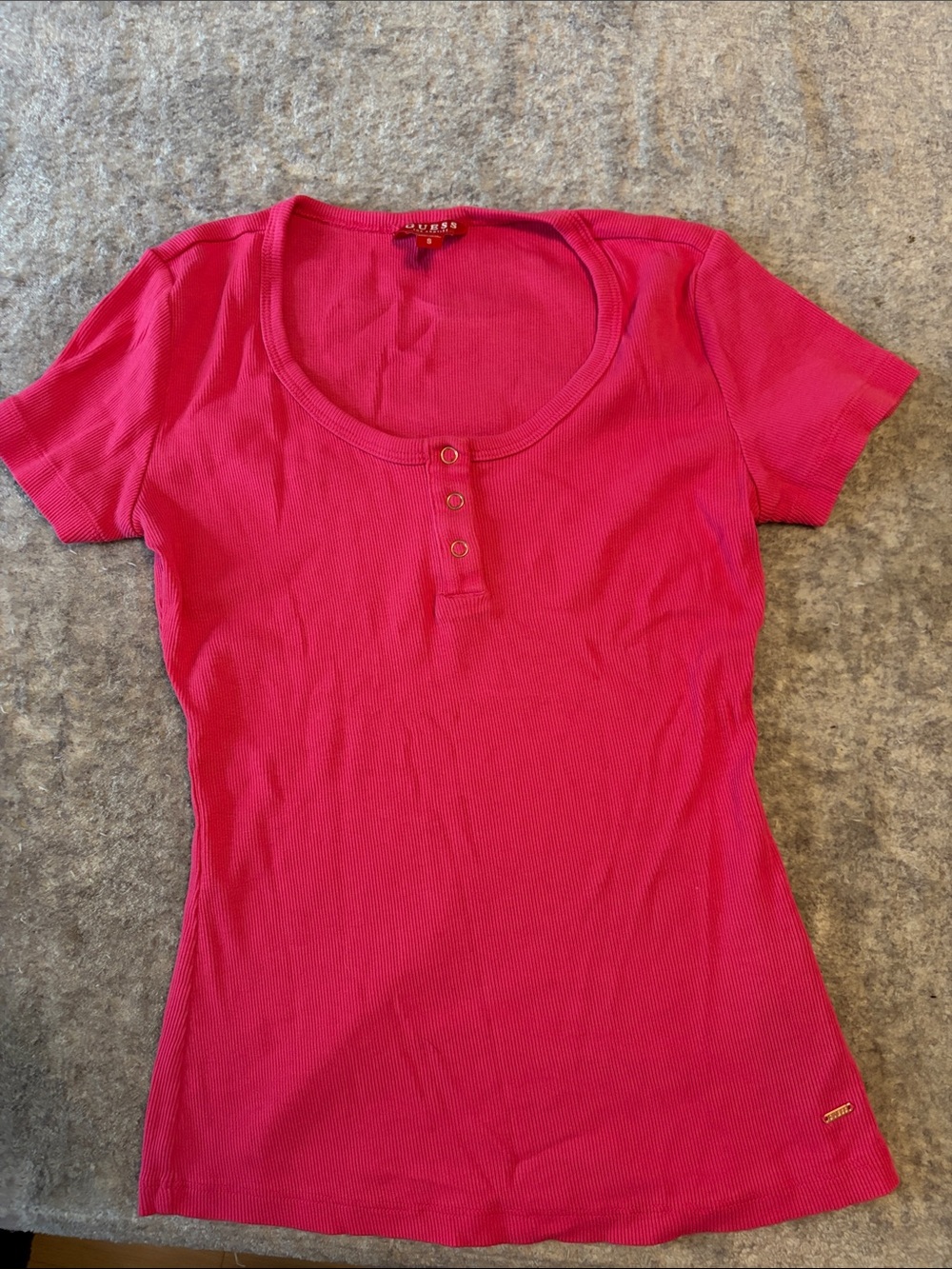 Guess Hot Pink Ribbed Henley Short Sleeve Tee